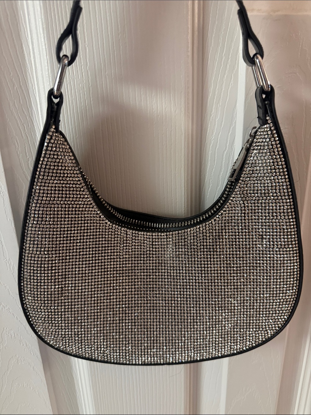 Black Crystal-Embellished Crescent Shoulder Bag